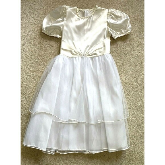 Wedding Flower Girl Dress Sz 10 Ivory White w Headpiece Cream Communion Formal - Picture 3 of 11